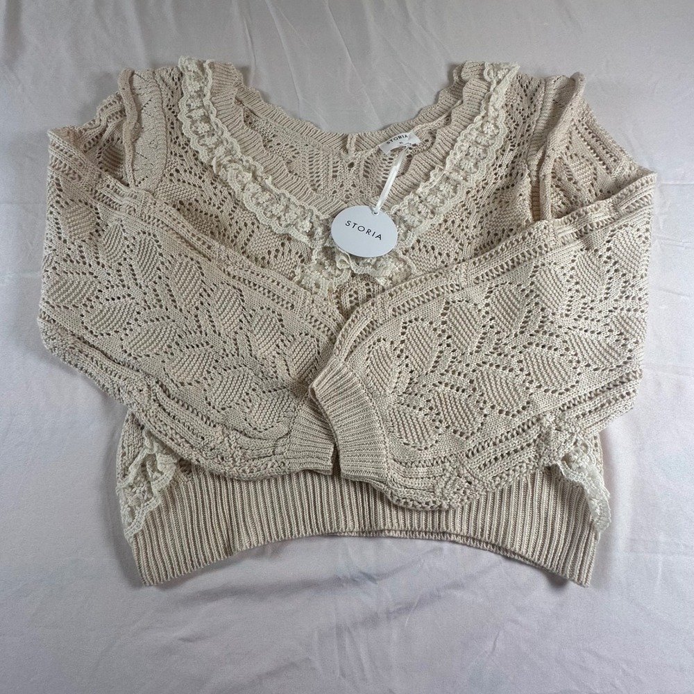 Storia Womens XL Cream Pointelle Knit Lace Trim Balloon Sleeve Sweater LT2071B
